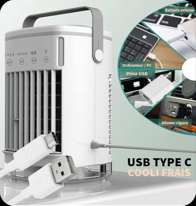 COOLI FRAIS Climatiseur Mobile Sans Evacuation, Clim' Tactile 2024 USB Type-C Portable, Double Reservoir Eau + Glace 700mL, 4 Vitesses / 2 modes de refroidissement (fraîcheur & brouillard), Silencieux – Image 5