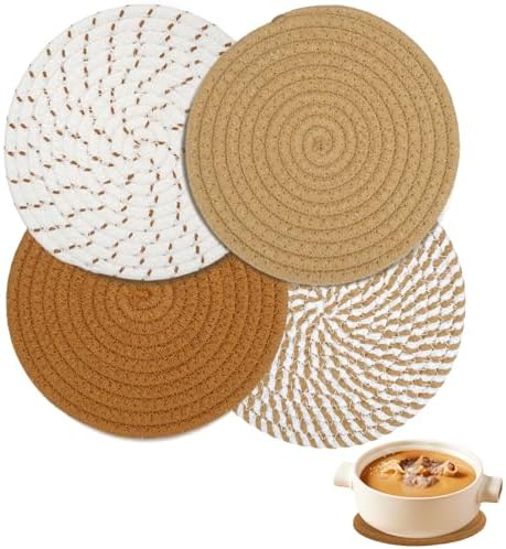 4 Pièces Dessous de Plat en Fil de Coton,Dessous De Plat Ronds Tressés Tapis Porte Casseroles,18cm Ronds Tressés Tapis Porte Casseroles pour Boissons Restaurant Bar Cadeau Décoration