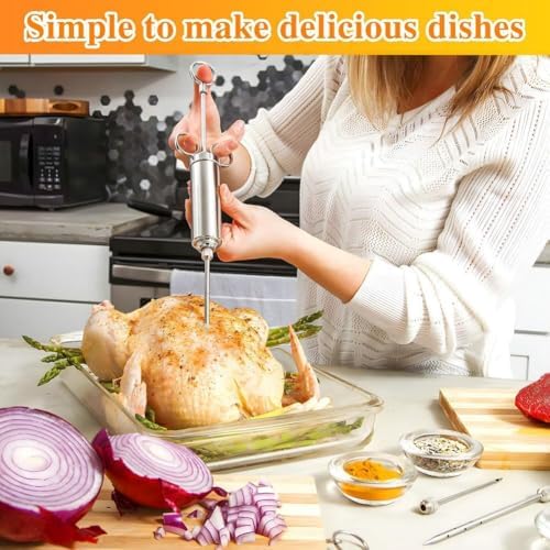 Euakee Injecteur de Marinade, Kit d'Injecteur en Acier Inoxydable avec 3 Aiguilles pour Viande, Injecteur pour Cuisson de Poulet, Steak, Bœuf, Idéal pour Barbecue, Fumoir, Gril – Image 6