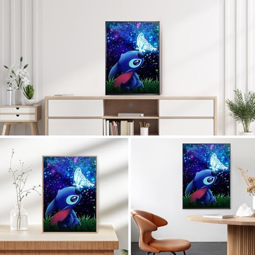QINRUBB DIY Stitch Peinture Diamant Painting Kit, 5D Dessin Animé Art du Diamant Complet Kits, Papillon Diamond Art Kits Strass Point de Croix Painting pour Adultes Débutants Maison Décor 30X40cm – Image 3