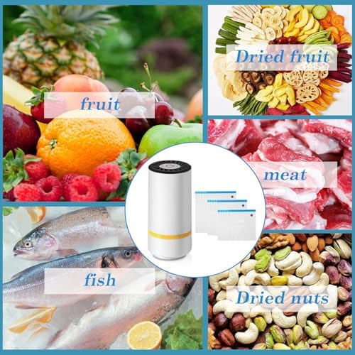 GOEDCH Machine à emballer sous vide avec 15 sacs sous vide : appareil de mise sous vide portable pour aliments, mise sous vide manuelle, chargement USB, petit pour aliments secs ou humides, stockage – Image 3
