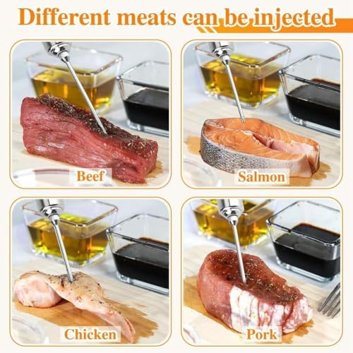 Euakee Injecteur de Marinade, Kit d'Injecteur en Acier Inoxydable avec 3 Aiguilles pour Viande, Injecteur pour Cuisson de Poulet, Steak, Bœuf, Idéal pour Barbecue, Fumoir, Gril – Image 5