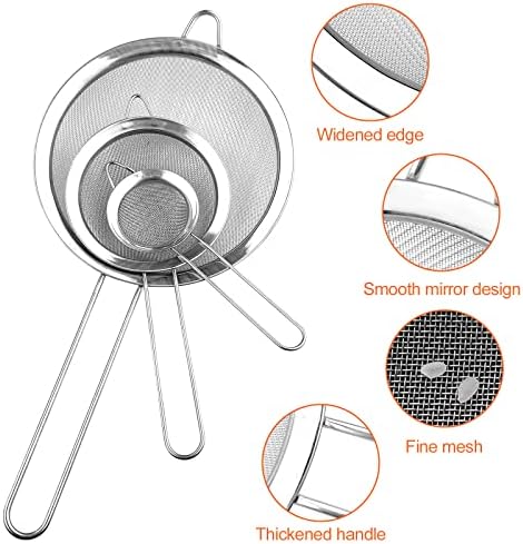 Avesteir 3 Pièces Passoire Inox 19/25/37 cm, Métal Tamis Cuisine, Tamis Maille Fine avec Poignée, Filtre pour Pâtisserie, Égoutter Poudre, Pates, Légumes, Quinoa, Nouille, Riz, Blanc d'Oeuf (Argent) – Image 6