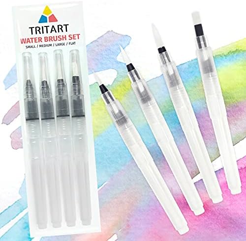 Tritart Lot de 4 Pinceaux Aquarelle à Reserve d'eau Rechargeables - Stylo Pinceau a Reservoir avec Pointe Ronde et Plate - pour Le Mélange des Couleurs et la Calligraphie