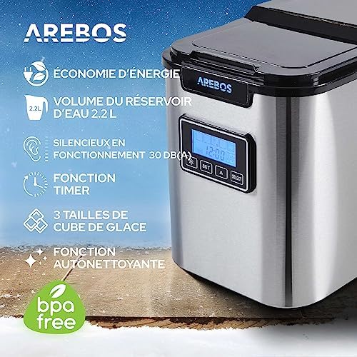 Arebos Machine à glaçons | Ice Cube Maker | 12 kg / 24 h | 10-15 minutes de production | 3 tailles de glaçons | Réservoir d'eau de 2,2 L | Machine à glaçons | Minuteur & écran LCD – Image 3