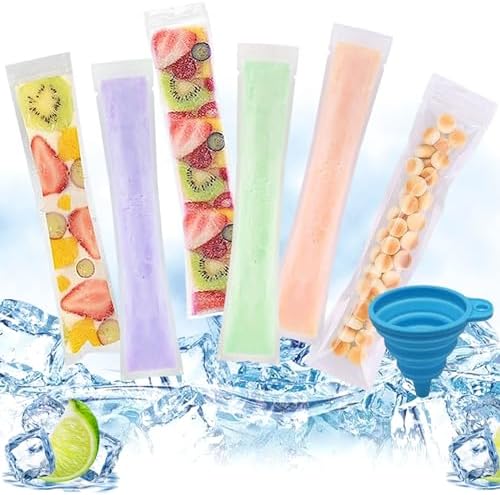 DKDDSSS 100 PCS Sacs Popsicle, Moule à Glace, Sacs de Sucettes Glacées, Popsicle Pochettes, DIY Popsicle Pochettes avec Entonnoir, pour Yaourt, Bonbons Glacés Party Favors
