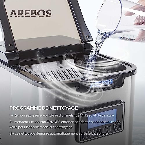 Arebos Machine à glaçons | Ice Cube Maker | 12 kg / 24 h | 10-15 minutes de production | 3 tailles de glaçons | Réservoir d'eau de 2,2 L | Machine à glaçons | Minuteur & écran LCD – Image 4