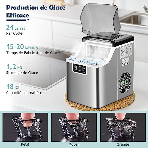 GOPLUS Machine à Glaçons, Capacité 18KG en 24H, 24 Glaçons en 15 Minutes, Réservoir 3,2L, Automatique Électrique Compact Portable, Fonction Auto-Nettoyage Argent – Image 5