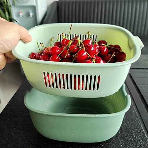 Youka Panier de vidange pour passoire de cuisine, ensemble de bols de passoire 2 en 1, double couche en plastique PP sans BPA détachable pour laver les légumes et les fruits – Image 2