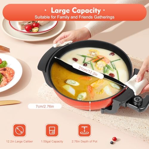 1300W Appareil Fondue Chinoise,6L de Grande Capacité Poêle Antiadhésive,Double Hot Pot,Température Réglable Hot Pot Electrique,220V,Pour la Maison, la Cuisine et les Fêtes – Image 3