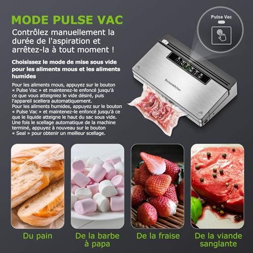 Bonsenkitchen Machine Sous Vide Alimentaire, Machine Sous Vide à 5 Modes-8 L/min, Technologie Globefish pour Un Travail en Continu à Grande Vitesse, Comprend 100 Sacs Sous Vide et 1 Sac en Rouleau – Image 7
