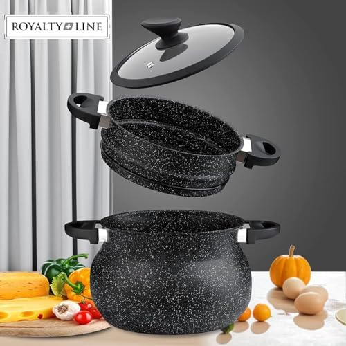 ROYALTY LINE, Couscoussier en acier inoxydable 15 Litres avec couvercle en verre, compatible gaz, électrique, céramique, halogène, induction, avec un revêtement antiadhésif sans PFOA, Noir – Image 3