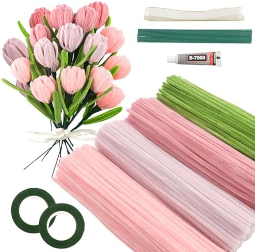 Galerie SV Lot de 400 Cure Pipe, Fil Chenille, Cure-Pipe pour Fleurs Tulipes - 4 Couleurs - Avec 2 Rouleau Ruban de Fleuriste et 20 Tige Fleur - Pour le Bricolage - Tulipes