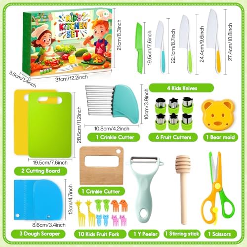 SaiXuan 31 Pièces Ensemble d'Ustensiles de Cuisine pour Enfants - Kit de Couteaux Montessori Sécurisés - Comprend Planches à Découper, Couteaux et Moule à Biscuits,Couteaux Montessori de 2 3 4 5 6 Ans – Image 2