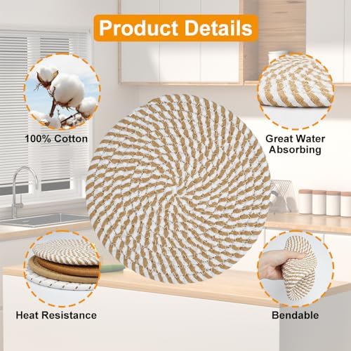 4 Pièces Dessous de Plat en Fil de Coton,Dessous De Plat Ronds Tressés Tapis Porte Casseroles,18cm Ronds Tressés Tapis Porte Casseroles pour Boissons Restaurant Bar Cadeau Décoration – Image 3