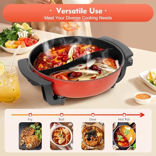 1300W Appareil Fondue Chinoise,6L de Grande Capacité Poêle Antiadhésive,Double Hot Pot,Température Réglable Hot Pot Electrique,220V,Pour la Maison, la Cuisine et les Fêtes – Image 2