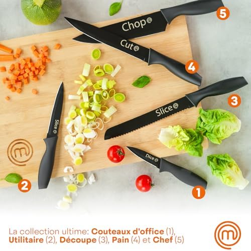 MasterChef Set Couteau Cuisine, Couteaux compris le Hachoir, Office, Chef, Legume & Eplucheur, Set Noir Inox avec Poignées Confortables, Collection Antirouille, Noir with captions, 5 Pièces – Image 2