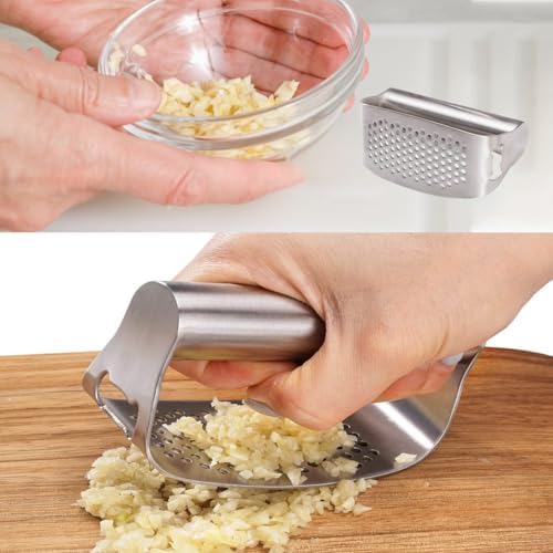 Mino Plus Presse-ail,coupe ail inox,Garlic Press Rocker Crusher,Éplucheur d'ail professionnel,Concasseur à ail avec Outil Éplucheur en silicone (2 pièce) – Image 4