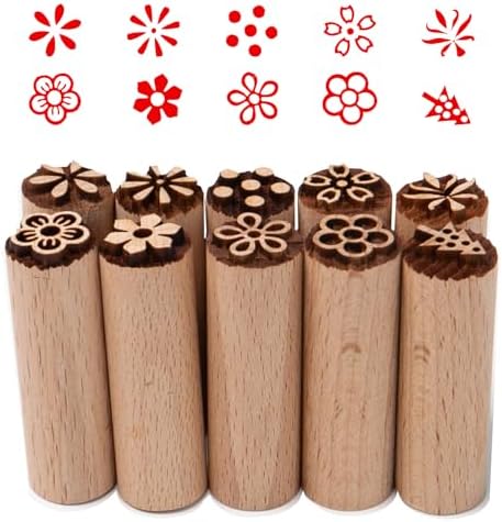 Sixfolo 10 Pièces Timbre de Poterie Argile Outils de Poterie en Bois Tampon Timbre en Bois Motif Floral Tampon Poterie Rond Tampon DIY Bois Naturel pour Argile Poterie et Scrapbooking,5x1.5cm