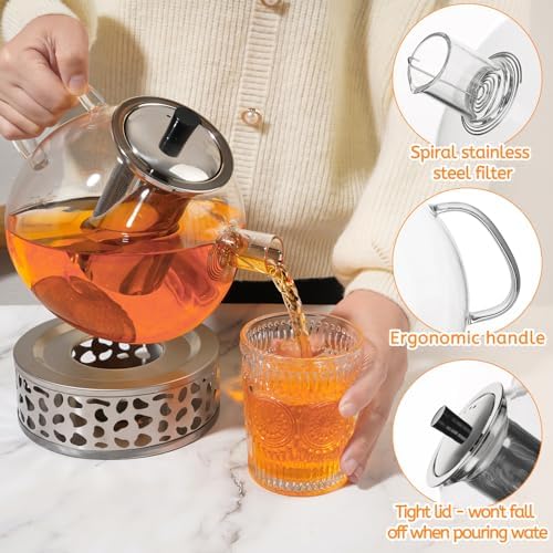 Theiere Avec Infuseur 1,6 litre, Theiere Verre Chauffant Transparent avec Filtre Amovible en Acier Inoxydable, Adapté au thé Parfumé, thé Vert, thé Noir, thé Aux Fruits (Théière avec base chauffante) – Image 4
