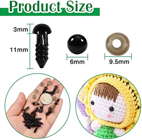TOAOB 150pcs Yeux de Sécurité amigurumis 6mm Yeux de Poupée en Peluche en Plastique Rond Noir avec Rondelles pour Marionnette DIY Artisanat Bijoux – Image 2