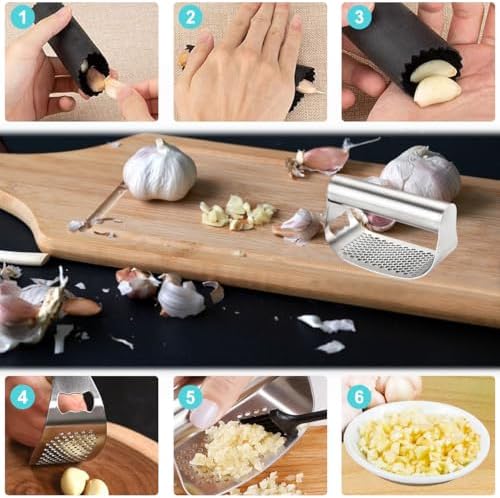 Mino Plus Presse-ail,coupe ail inox,Garlic Press Rocker Crusher,Éplucheur d'ail professionnel,Concasseur à ail avec Outil Éplucheur en silicone (2 pièce) – Image 3