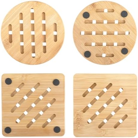 Ensemble de 4 Dessous de Plat en Bambou Résistant à la Chaleur, Écologique et Antidérapant, 2 Ronds et 2 Carrés, Idéals pour Théières, Bols et Ustensiles Chauds, Protection de Table Parfaite