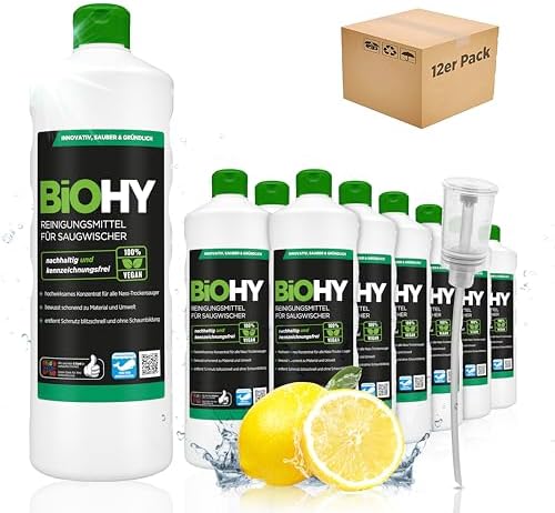 BiOHY Détergent pour des aspirateurs humide (12 x 1l Bouteille) + Distributeur | 1:200 concentré pour des aspirateurs eau | idéal pour carrelage, PVC, parquet et tapis | écologique (Saugwischer)