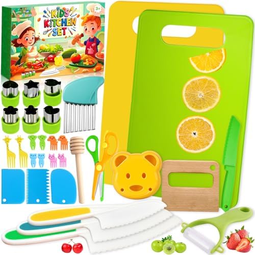 SaiXuan 31 Pièces Ensemble d'Ustensiles de Cuisine pour Enfants - Kit de Couteaux Montessori Sécurisés - Comprend Planches à Découper, Couteaux et Moule à Biscuits,Couteaux Montessori de 2 3 4 5 6 Ans