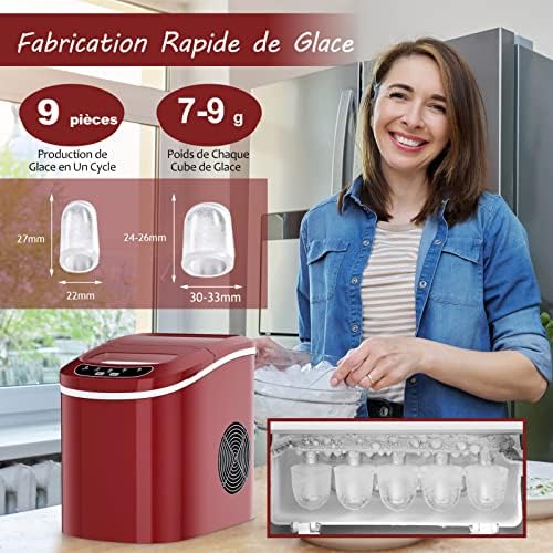 RELAX4LIFE Machine à Glaçons Autonettoyante 12KG par Jour, 9 Glaçons en 6-13 Mins,Réservoir 2.2 L pour Bureau Cuisine Bar, 24,2x35,8x32,5CM(Rouge) – Image 2
