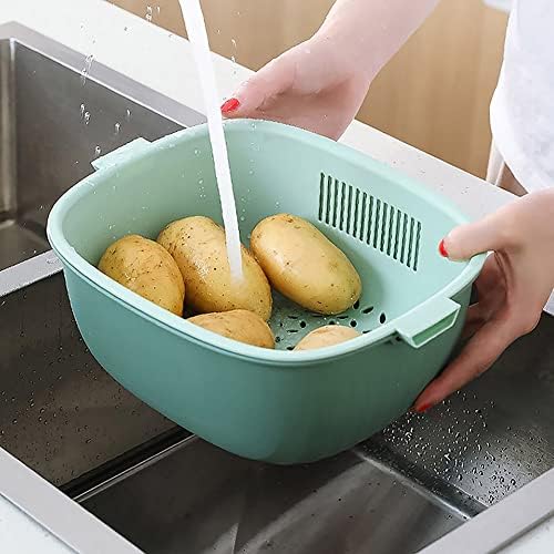 Youka Panier de vidange pour passoire de cuisine, ensemble de bols de passoire 2 en 1, double couche en plastique PP sans BPA détachable pour laver les légumes et les fruits – Image 4