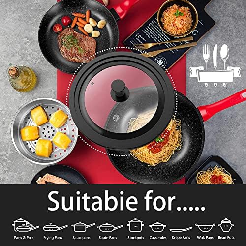 Couvercles universels pour casseroles, poêles et poêles – Convient aux ustensiles de cuisine de 28 cm, 30 cm et 32 cm de diamètre, verre trempé avec bord en silicone haute résistance à la – Image 2