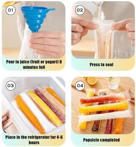 DKDDSSS 100 PCS Sacs Popsicle, Moule à Glace, Sacs de Sucettes Glacées, Popsicle Pochettes, DIY Popsicle Pochettes avec Entonnoir, pour Yaourt, Bonbons Glacés Party Favors – Image 4