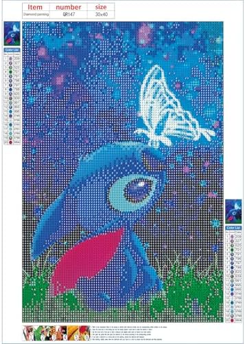 QINRUBB DIY Stitch Peinture Diamant Painting Kit, 5D Dessin Animé Art du Diamant Complet Kits, Papillon Diamond Art Kits Strass Point de Croix Painting pour Adultes Débutants Maison Décor 30X40cm – Image 6