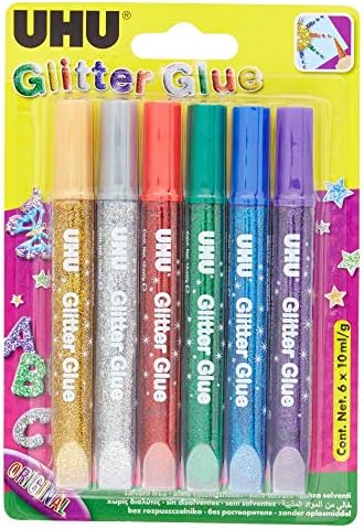 UHU Glitter Glue originale - Idéale loisir créatif, formule adaptée pour les enfants, lavable, multicolore, 6 tubes 10ml