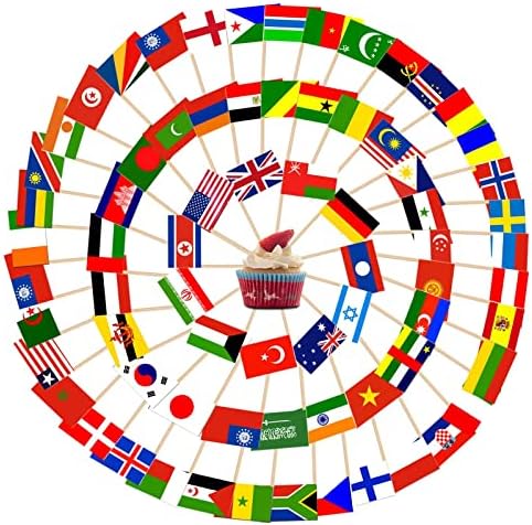 AhfuLife 100PCS Drapeau Cure-dent du Monde, Pic Drapeau de 100 Pays Mixtes pour Topper de Coupe, Cure Dent Drapeau Pays pour Euro Football Match Coupe du Monde Cocktail Bar JO Décoration
