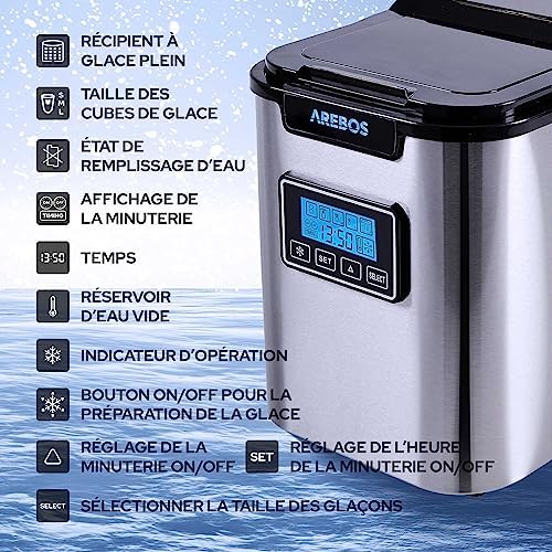 Arebos Machine à glaçons | Ice Cube Maker | 12 kg / 24 h | 10-15 minutes de production | 3 tailles de glaçons | Réservoir d'eau de 2,2 L | Machine à glaçons | Minuteur & écran LCD – Image 5
