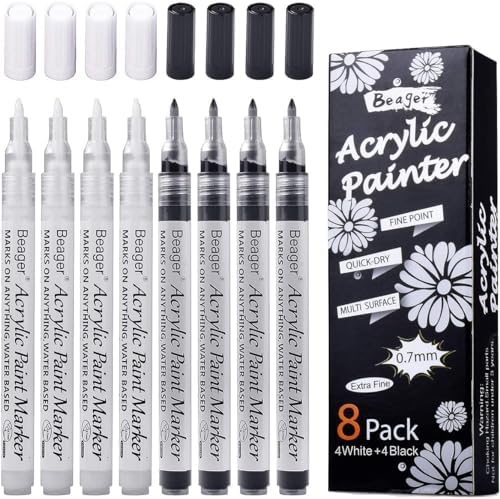 Stylo acrylique noir blanc or argent, Marqueur permanent de 0,7 mm étanche Stylo peinture rupestre, pour roche céramique bois métal papier verre tissu plastique cuir Bricolage 8 pièces – Image 14