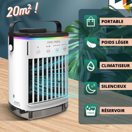 COOLI FRAIS Climatiseur Mobile Sans Evacuation, Clim' Tactile 2024 USB Type-C Portable, Double Reservoir Eau + Glace 700mL, 4 Vitesses / 2 modes de refroidissement (fraîcheur & brouillard), Silencieux – Image 2