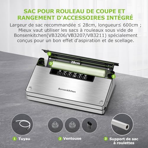 Bonsenkitchen Machine Sous Vide Alimentaire, Machine Sous Vide à 5 Modes-8 L/min, Technologie Globefish pour Un Travail en Continu à Grande Vitesse, Comprend 100 Sacs Sous Vide et 1 Sac en Rouleau – Image 6
