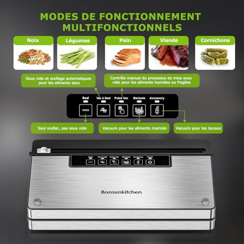 Bonsenkitchen Machine Sous Vide Alimentaire, Machine Sous Vide à 5 Modes-8 L/min, Technologie Globefish pour Un Travail en Continu à Grande Vitesse, Comprend 100 Sacs Sous Vide et 1 Sac en Rouleau – Image 2