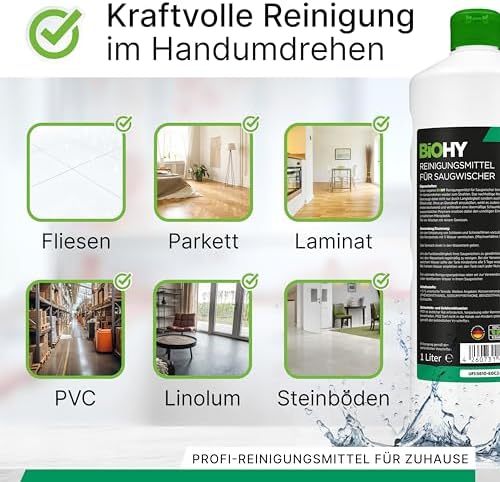 BiOHY Détergent pour des aspirateurs humide (12 x 1l Bouteille) + Distributeur | 1:200 concentré pour des aspirateurs eau | idéal pour carrelage, PVC, parquet et tapis | écologique (Saugwischer) – Image 4