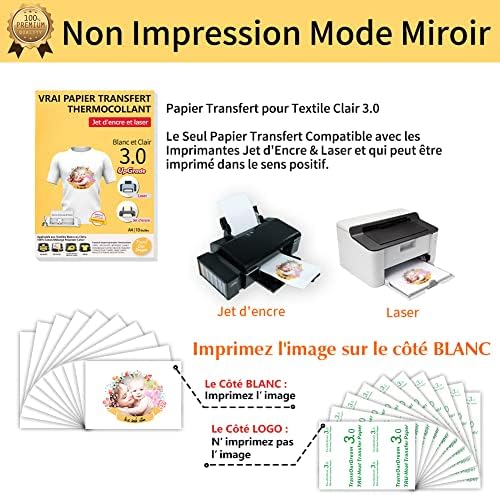 TransOurDream Papier Transfert pour Textile 3.0 - Imprimantes Jet d'Encre & Laser, Pochette 10 Feuilles A4 Papier Transfert pour T-Shirts ou Textiles Blancs et Clairs, Non Impression Miroir 2-3.0-10 – Image 4