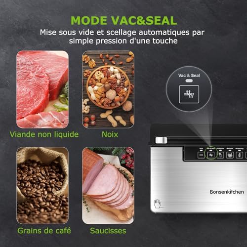 Bonsenkitchen Machine Sous Vide Alimentaire, Machine Sous Vide à 5 Modes-8 L/min, Technologie Globefish pour Un Travail en Continu à Grande Vitesse, Comprend 100 Sacs Sous Vide et 1 Sac en Rouleau – Image 5