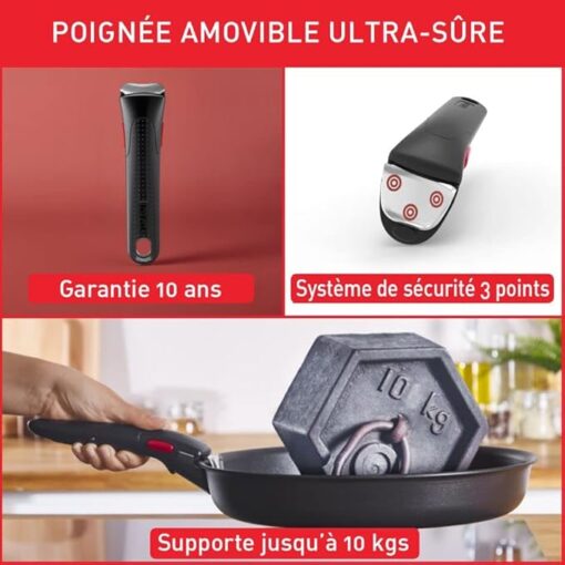 Tefal Ingenio Lot de 3 poêles 22/24/26 cm + poignée amovible, Pas d’induction, Revêtement antiadhésif, Indicateur de chaleur, Base Diffusion, Empilable, Fabriqué en France, Easy Cook N Clean L1579002 – Image 5