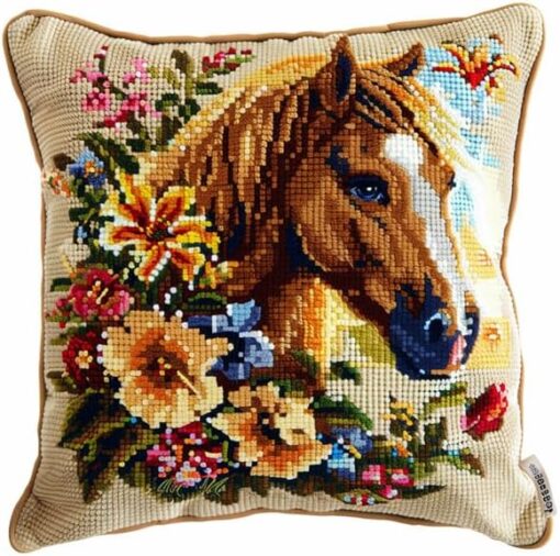 Kit de Coussin avec Crochet à Loquet Cheval Kit Coussin au Point Noué, 43×43CM création de Tapis et Canvas, Kit Tapis Point Noué,Tapis Point Noué Kit