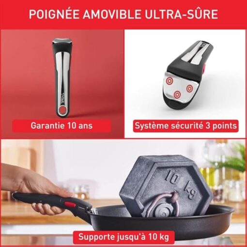 Tefal Ingenio Lot de 2 poêles + poignée amovible, Induction, Revêtement antiadhésif, Indicateur démarrage de cuisson, Empilable, Compatible lave-vaisselle, Fabriqué en France, Eco Resist On L7679302 – Image 6