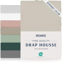 Dreamzie Drap Housse 160 x 200 Bonnet 35 cm pour Matelas Épais - 100% Microfibre - Beige, Certifié sans Produits Chimiques (Oeko TEX), Drap Housse avec Élastique Complet