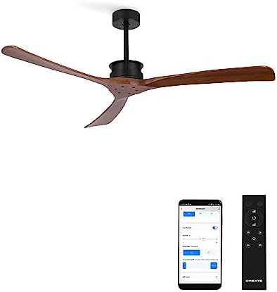 CREATE / WINDLARGE/Ventilateur de plafond avec télécommande et Wifi, noir pales bois foncé / 40W, silencieux, Ø152 cm, 6 vitesses, minuterie, 2 hauteurs, moteur DC, fonction été-hiver