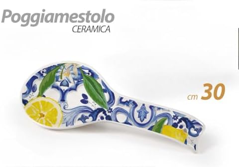 POGE MESTOLO EN CÉRAMIQUE, PORTE CUILLIER, ACCESSOIRE DE CUISINE, OUTIL DE CUISINE MULTIUSAGE, IMPRIMÉ MAIOLIQUE CM 30 (Blanc/Citron Sicile) – Image 2